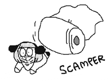 a black and white drawing of a person with the word scamper written below them