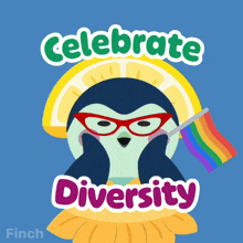 a penguin holding a rainbow flag with the words " celebrate diversity " below it