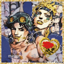 a picture of a man and a woman from jojo 's bizarre adventure with the words metis < 3 emmy