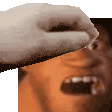 a close up of a person 's face with a cat 's hand on it .