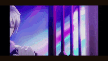a girl with white hair is standing in front of a window with purple lights