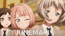 a group of anime girls are standing next to each other with the name junemari on the bottom .