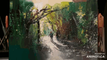 a painting of a person walking down a path with the words made in animatica below it