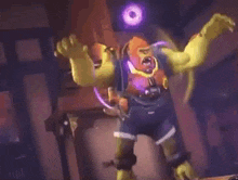 a cartoon character is standing in a dark room with a purple light behind him .
