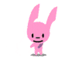 a pink bunny is standing on a white background and smiling .