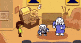 a pixel art illustration of a living room with a couch , chairs , a record player and a skeleton .