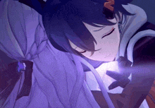 a close up of a person with purple hair and a letter m on their ear