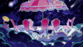 a table and chairs under a pink umbrella