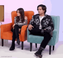 a man and a woman are sitting in chairs with the word cornstarch on the bottom