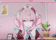 a girl with pink hair is making a peace sign with her hand