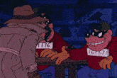 two cartoon characters one with a tag that says 1176 and the other with a tag that says 16767