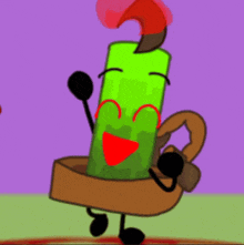 a cartoon drawing of a green candle with a red face and arms .