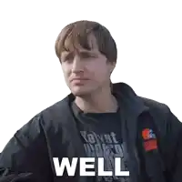a man wearing a cleveland browns jacket and a black shirt says well