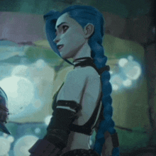 a cartoon character with blue hair is standing in a dark room .