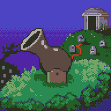 a pixel art drawing of a tree trunk with a sword in the background