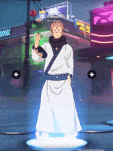 a man in a white robe stands in front of a shady sign