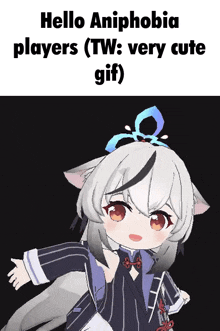 a cartoon of a girl with the words " hello aniphobia players ( tw : very cute gif ) "
