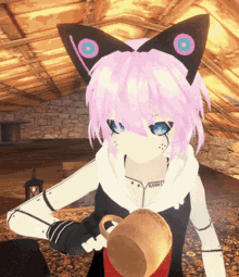 a girl with pink hair and cat ears holding a cup