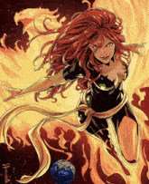 a drawing of a woman with long red hair and a phoenix on her chest