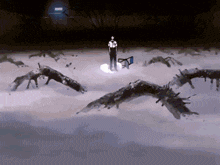 a man stands in the middle of a snowy field with birds flying around him