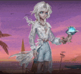 a girl with white hair and blue eyes is holding a seashell in her hand