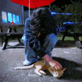 a person petting a cat under an umbrella