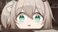a girl with a bow on her head is looking over a table