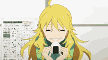 a girl with blonde hair is holding a piece of food in her hands