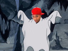 a cartoon drawing of a man wearing a red hat and a white shirt