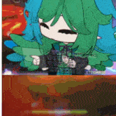 a cartoon girl with green hair is holding a keyboard and pointing at it