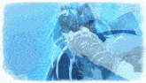 a drawing of a girl with long white hair and a blue background with the letter y on it