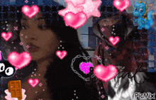 a girl is surrounded by pink hearts and the word picmix is on the bottom right