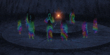 a group of ghosts are standing in a circle with a lantern in the middle