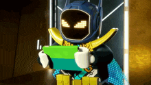 a lego robot holding a green box with a smiley face