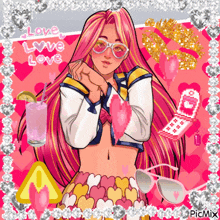 a picture of a girl with pink hair and the words love love love written on it