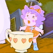 a cartoon girl with purple hair is standing next to a teacup with hearts on it