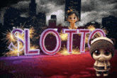a cartoon character stands in front of a sign that says slotto