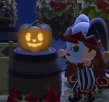 a cartoon character in a jester costume stands next to a carved pumpkin