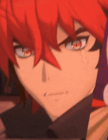 a close up of a red haired anime character 's face with a serious look on his face .