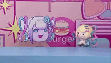 a cartoon character is standing in front of a hamburger in a diner .