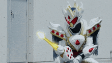 a person in a costume with a sword and shield