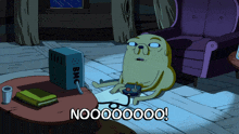 a cartoon character is playing a video game with the words nooo00000 below him