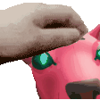 a person is putting a coin in a pink piggy bank with green eyes .