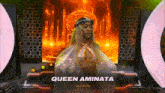 a woman in a bikini is standing in front of a throne that says queen aminata