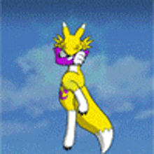 a yellow and white fox with purple wings is flying in the air .