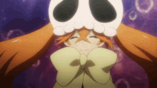 a girl with orange hair is wearing a skull hat