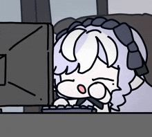 a cartoon of a girl laying on a couch in front of a computer