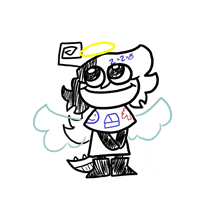 a black and white drawing of a cartoon character with a halo on his head and the numbers 2 + 2 = 8 on his shirt