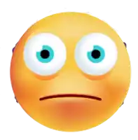 a yellow smiley face with big blue eyes and a serious look on its face