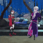 two anime characters standing next to each other in front of a fish tank